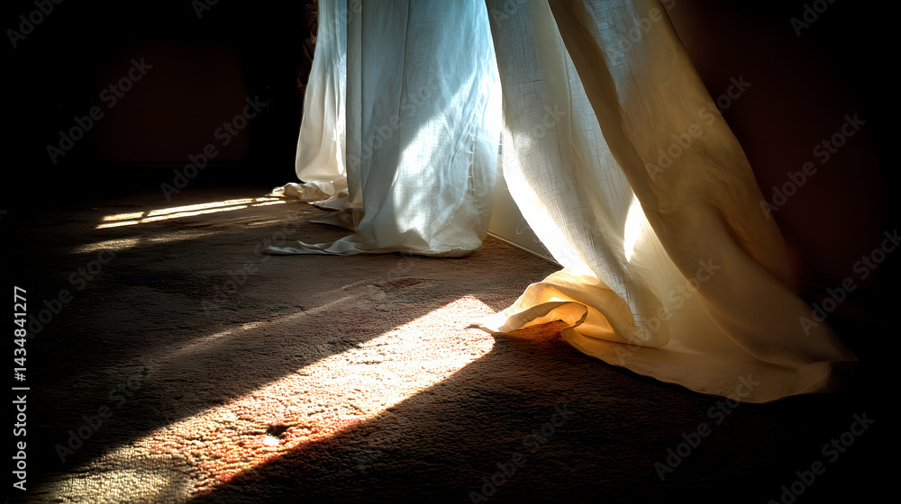 Poster sunlit fabric drapes pool on a carpeted floor, casting dramatic light and shadow patterns in a dark 