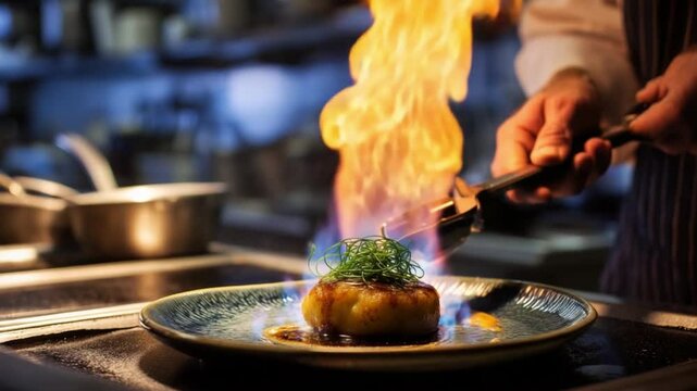 Culinary Artistry: A culinary masterpiece, igniting with passion and expertise in a high-end professional kitchen, where a skilled chef orchestrates a spectacular flamb&eacute; presentation.