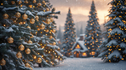 A cold, white snow covers the winter landscape with fir trees under a blue, snowy sky, a serene scene of nature's frosty holiday beauty