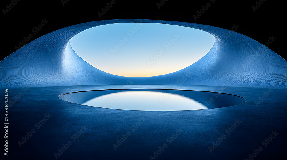 Poster abstract architectural design featuring a circular pool reflecting a serene sky visible through a cu