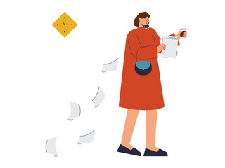 Female employee carrying files. Busy People illustration. Flat vector illustration concept.