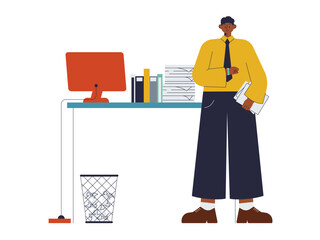 Male employee standing in front of office desk. Busy People illustration. Flat vector illustration concept.
