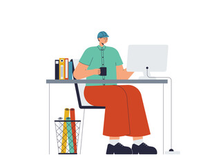 Male employee sitting in front of computer. Busy People illustration. Flat vector illustration concept.