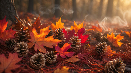 A green pine branch, a symbol of Christmas and nature, is engulfed in a dangerous fire flame in the winter woods