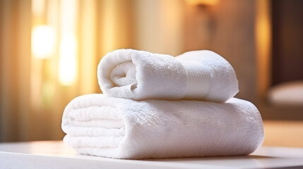 Two neatly folded white towels stacked on top of each other on a white table in a well-lit room with warm lighting.