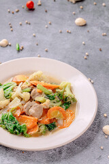 A plate of food with vegetables and meat on it
