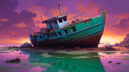 Obraz premium A dilapidated, old, green and blue boat with rust and peeling paint, sitting on a rocky beach with a purple and orange sunset in the background.