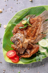 A plate of fish with tomatoes and cucumbers on top of a green leaf