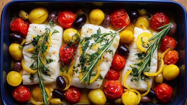 Mediterranean Baked Cod:  A mouthwatering Mediterranean-inspired dish featuring tender cod fillets baked with vibrant cherry tomatoes, olives, and fresh herbs.  
