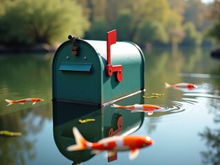 A green mailbox floats on calm water, surrounded by colorful koi fish, set against a serene natural backdrop.