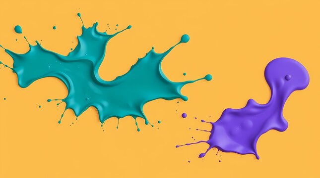 A dynamic splash of deep teal, electric blue, and purple paint.  Rendered in ultra-HD 3D, showcasing a modern flat design with simple, two-dimensional shapes and a vibrant aesthetic