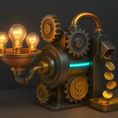 3D abstract machine turning ideas into money — conceptual financial engine of innovation