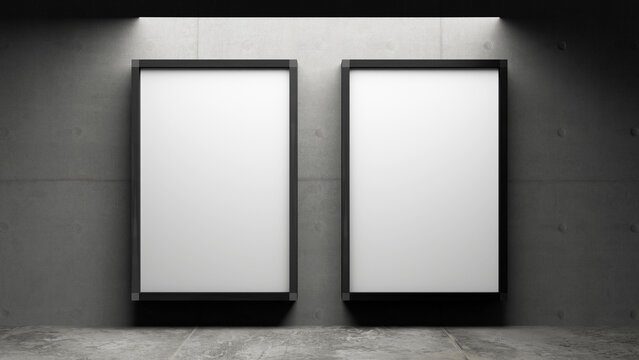 Double Empty Portrait Frame Banner Size 3x2 meter on the Grey Wall Indoor Natural Lighting Minimalist Industrial Urban Baliho Photo Advertising