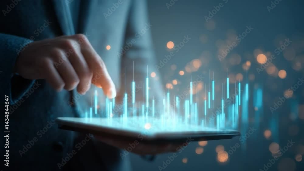 Poster digital transformation: a professional interacts with a tablet, revealing holographic projections of