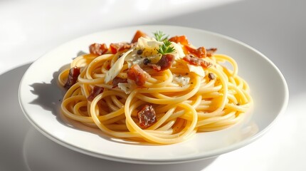 A 3D-rendered plate of creamy spaghetti carbonara with pancetta, parmesan, and black pepper, dramatically lit with high contrast to create tension and intensity