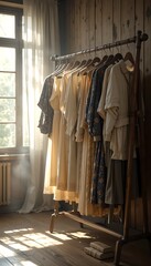 Naklejka premium Sunlit Vintage Dresses Hanging on Wooden Rack in Rustic Room