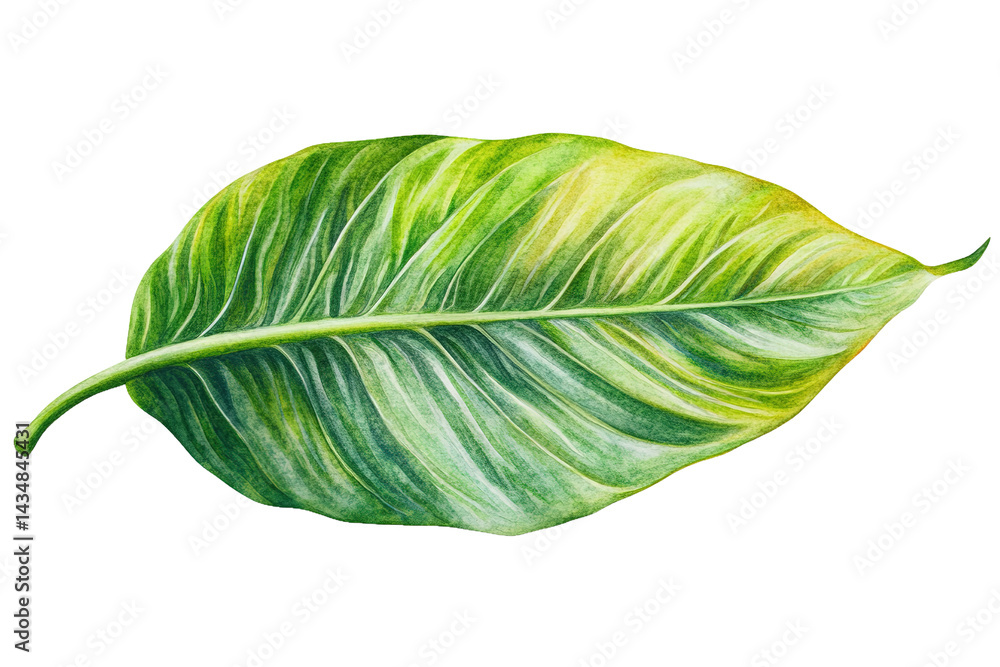 Poster painted leaf features light and dark green patterns with veins adding natural detail