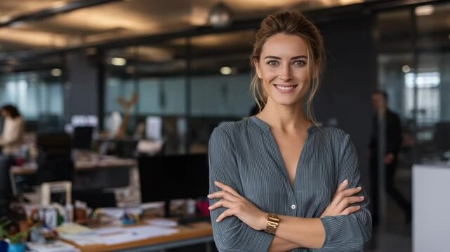 Confident Executive Portrait: A poised and professional woman radiates confidence, her arms gracefully crossed as she poses in a modern office environment.