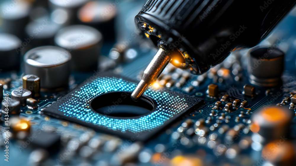 Poster close-up of a soldering iron meticulously installing a microchip onto a circuit board, showcasing in