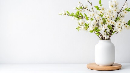 Fototapeta premium A white ceramic vase with delicate white flowers on a wooden coaster, minimalist composition against a plain light background, and serene and elegant home decor.