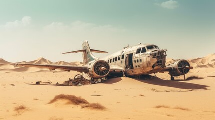 An old, rusted airplane sits in the desert, its wings and tail sections rusted and peeling away, with sand and debris scattered around it.