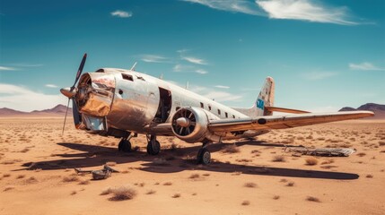 An old, rusted airplane with a propeller and a single engine, parked in the middle of a desert landscape with a clear blue sky above.