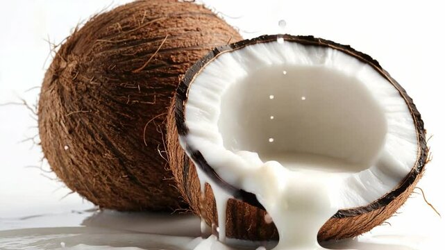 Fresh Coconut with Milk: A whole coconut and a halved coconut with milky liquid dripping out, showcasing the tropical fruit's refreshing and delicious essence.  