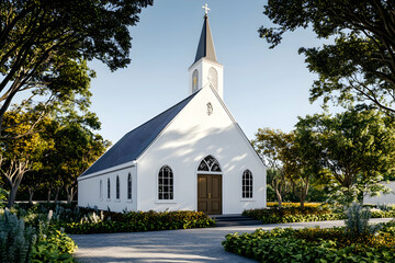 Serene white chapel nestled amidst lush greenery, bathed in soft sunlight.  Ideal for wedding, faith, peace, tranquility themes.