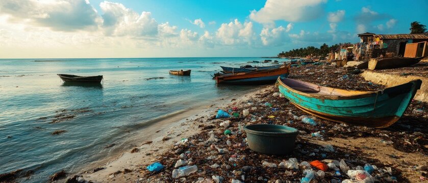 A serene coastal scene with colorful boats resting on a rocky shoreline under a bright sky, reflecting a tranquil atmosphere. - Powered by Adobe