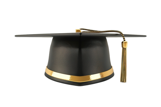 A Black Graduation Cap with Golden Tassel on Isolated Black Background