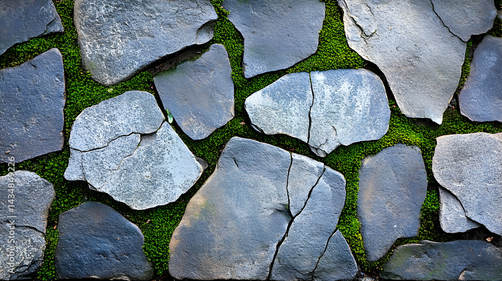 Poster irregular grey slate stone pavement texture with vibrant green moss filling the gaps. a high-resolut