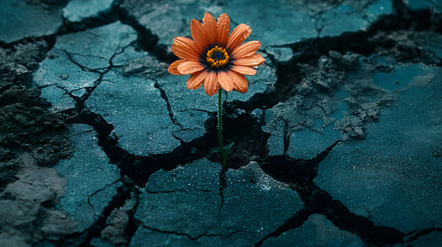 A vibrant orange flower bravely pushes through cracked, dark earth, symbolizing resilience and hope amidst adversity.