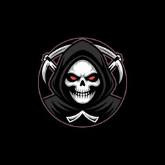Dark Grim Reaper Skull Esport Gaming Mascot Logo Illustration with Hood and Crossed Scythes