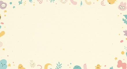Cream background with a border of pastel colored whimsical shapes and icons.