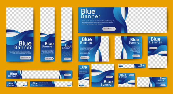 Web banner template design set layout with photo and text space. gradient blue. Business advertising set design template. Vertical, horizontal, square banners standard size.	
