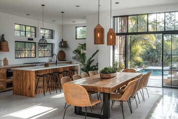 Fototapeta premium Modern open-plan kitchen and dining area with wooden accents.
