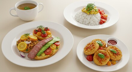 Three plates of food and a cup of broth on a light surface.
