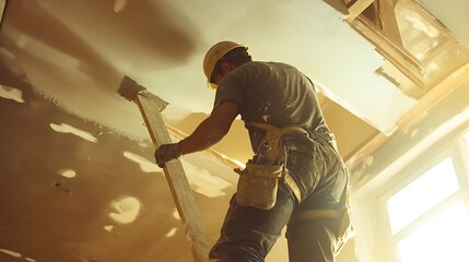 Fototapeta premium Construction Worker Applying Plaster to a Wall