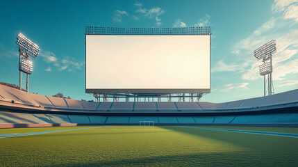 Green Soccer Field and Huge Empty Billboard Screen at Outdoor Stadium During Sunset Time

