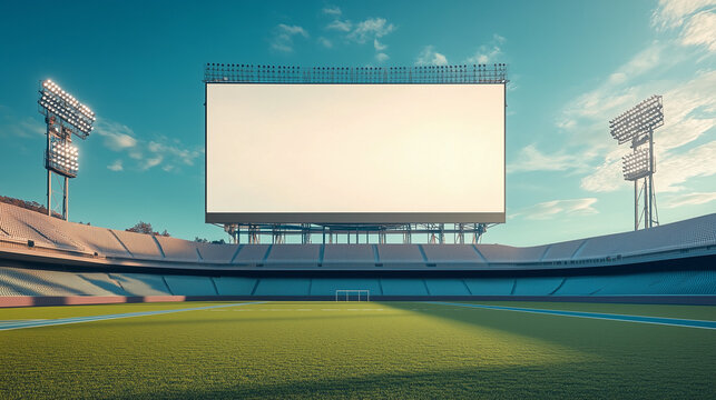 Green Soccer Field and Huge Empty Billboard Screen at Outdoor Stadium During Sunset Time

