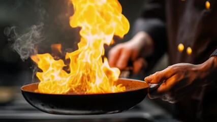 A talented chef adds liquor to a pan, creating a burst of fire during a flambe performance.

