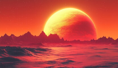 Fiery alien landscape with a large, luminous celestial body.