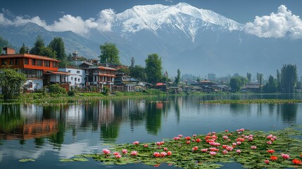Fototapeta premium Serene mountain village reflected in tranquil lake waters.