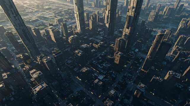 Futuristic cityscape aerial view highrise buildings urban design