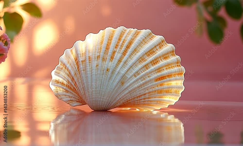 Poster a beautifully illuminated seashell resting on a reflective surface with soft pink background