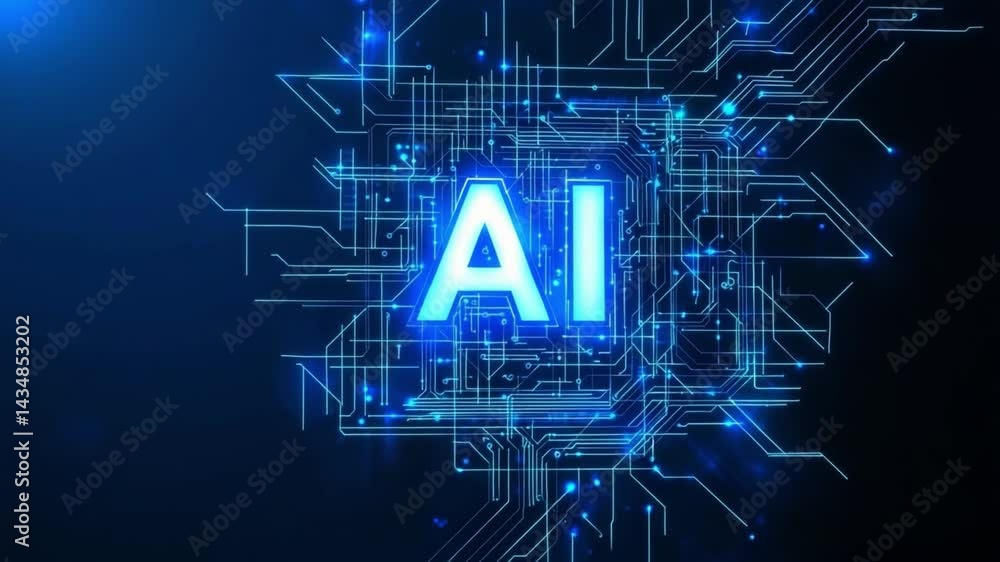 Poster ai technology: glowing ai symbol at the core of a complex circuit board, representing artificial int