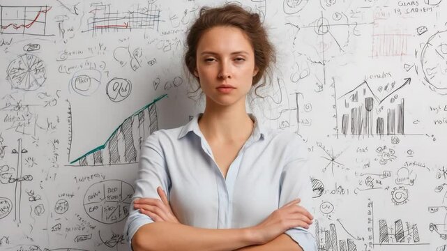 Confident Leader in a Business Environment: A determined and assertive woman, arms crossed, exudes confidence against a backdrop of dynamic business strategies, charts, and graphs.