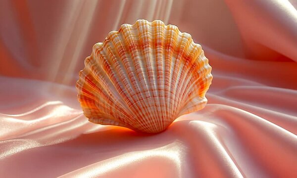 A beautifully lit scallop shell resting on soft pink satin fabric, showcasing intricate details and textures