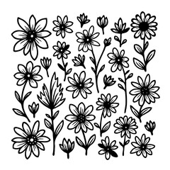 Botanical elegance: A monochrome collection of stylized floral illustrations