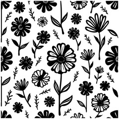 Elegant botanical pattern showcasing stylized black floral elements on white backdrop